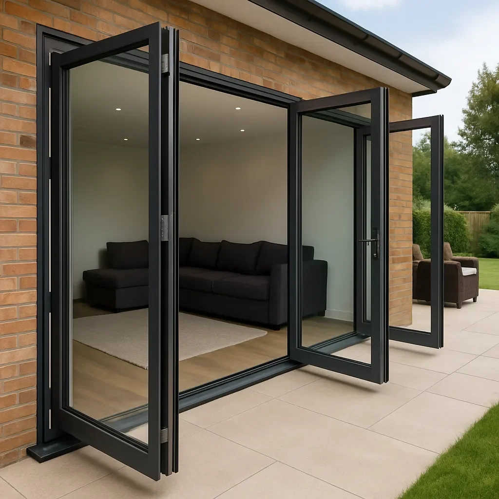 Modern black bi-fold doors opened - fitted by Indus Aluminium based in Burntwood.