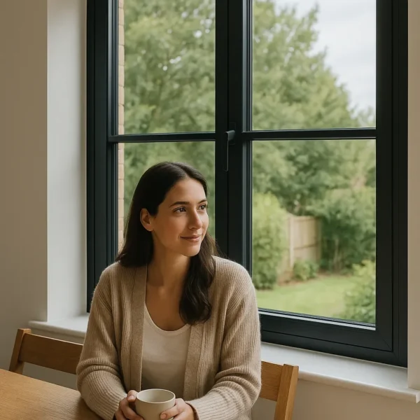 Woman with coffee by window