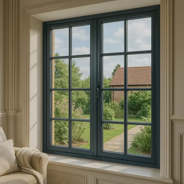 Dark casement window overlooking garden