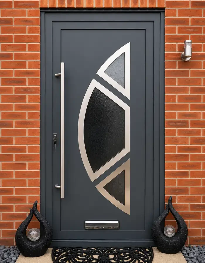 Bespoke anthracite grey residential aluminium entrance door featuring a Hallmark designer panel with geometric glazing and a long stainless steel pull handle.