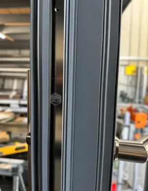 Detail of a grey Senior Aluminium door frame showing the high-strength multi-point locking point and commercial grade construction for a residential entrance door.